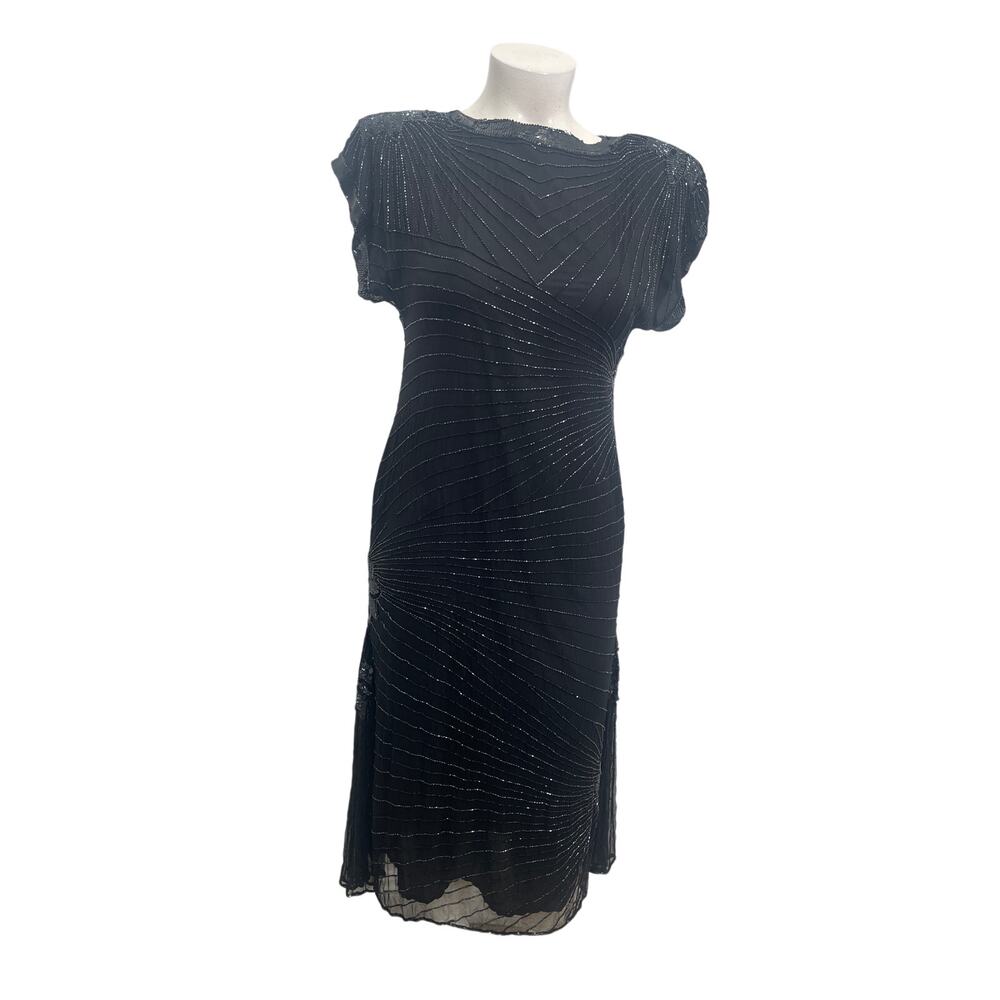 Laurence Kazar  New York Vintage Black Silk  Beaded Sequined Cocktail Dress  XL